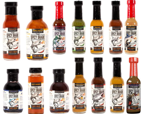 Picture of all 14 The Spicy Shark Hot Sauce Bottles